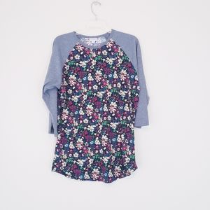 LulaRoe Randy Daisy Floral Gray Raglan Baseball Tee Shirt Size Large Retro